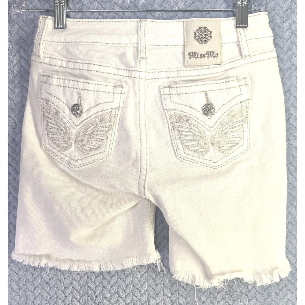 Miss‎ Me Girls White Denim Bermuda Shorts Wing Sequin Flap Pocket Size 12